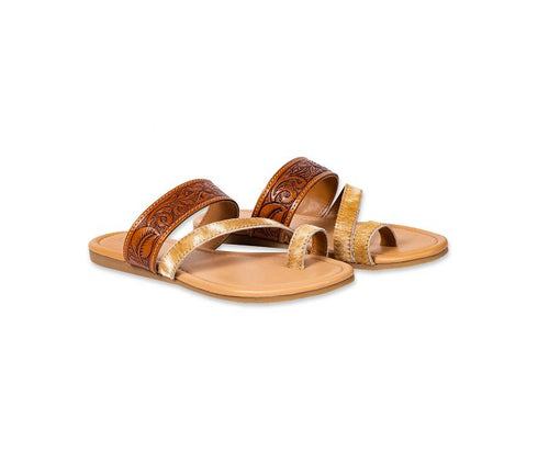 Mixed Feelings Cowhide and Tooled Leather Sandals