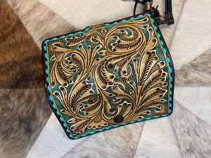 Western Swing Hand Tooled Leather Wallet Wristlet