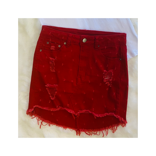 Destroyed Denim Mini Skirt in Red