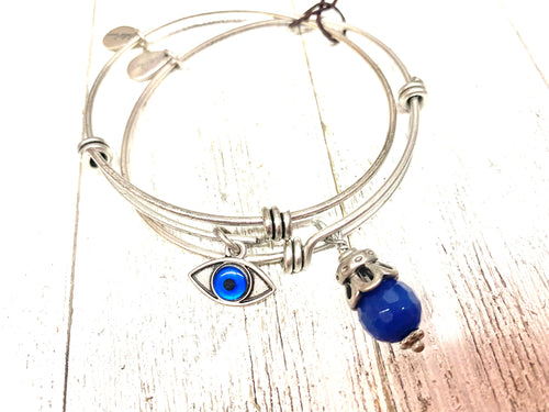 Stackable charm Bangle Set “Evil Eye” & Blue Gemstone