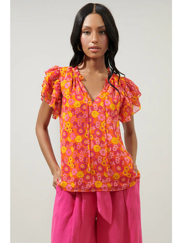 Floral Monroe Flutter Tie-Neck Blouse