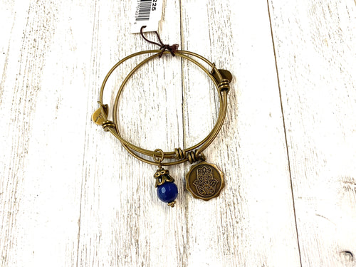 Hamsa  & Gem Stone Stackable Charm Bangle Set