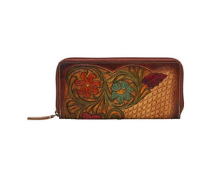 Zipper Floral Tooled Leather Wallet