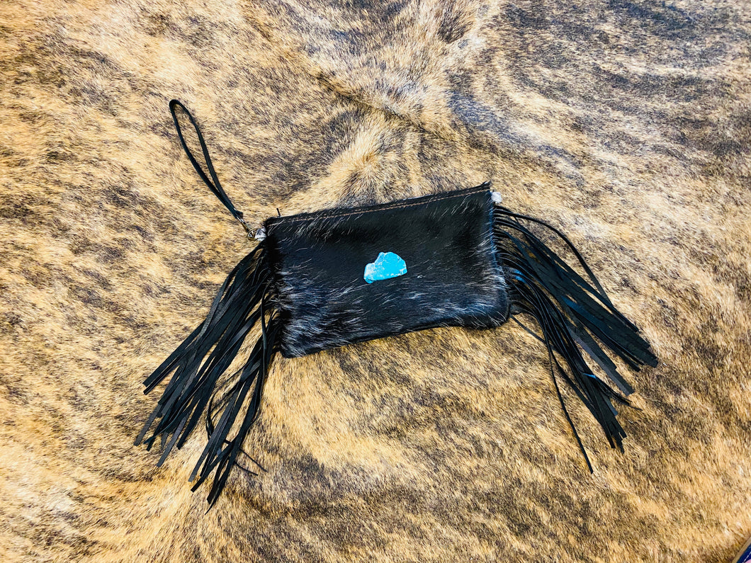 Leather Cowhide Fringe Clutch
