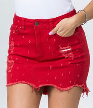 Destroyed Denim Mini Skirt in Red