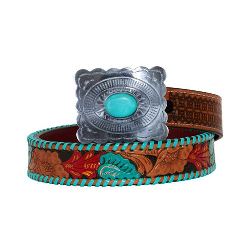 Tropical Turquoise Hand-Tooled Leather Belt
