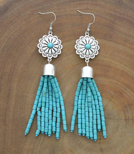Turquoise Bead Tassel Concho  Earrings